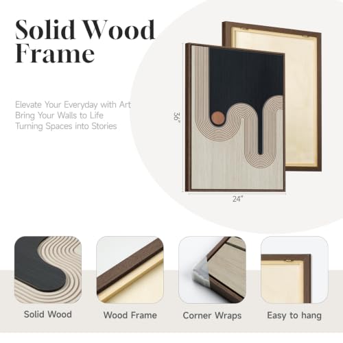 Framed 3D Wood Abstract Geometric Textured Wall Decor Living Room, 24x36 In - color: Black Beige