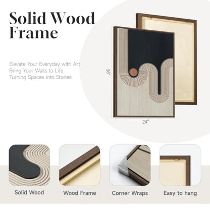 Framed 3D Wood Abstract Geometric Textured Wall Decor Living Room, 24x36 In - color: Black Beige