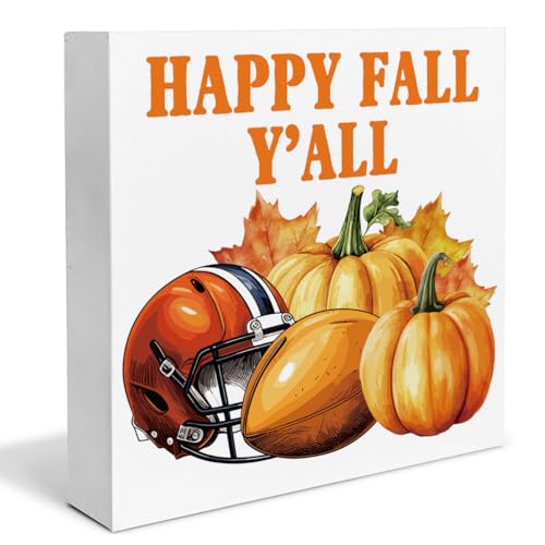 Fall Decor Fall Football Pumpkin Wooden Box Sign Autumn Decorations Rustic Home Desk Shelf Tabletop Decor 5 x 5 Inches - color: Multicolor HA