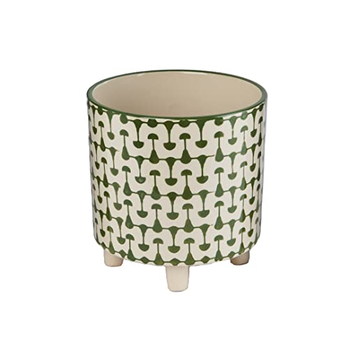 Creative Co-Op Footed Stoneware Planter with Abstract Print, Green and White - color: Green