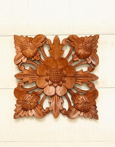 G6 Collection 8" Wooden Hand Carved Wall Art Relief Panel Handcrafted Wall Plaque Gift Decorative Home Decor Accent Handmade Wood Decoration Artwork Floral (Lotus Blossom)