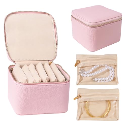 Travel Jewelry Case with 6 Velvet Zipped Pouches Bags, Hot Pink - color: Hot Pink - 6 Pouch
