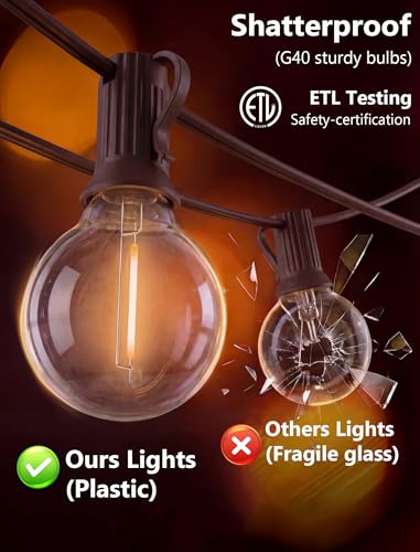 25FT LED G40 Outdoor String Lights with 25 Shatterproof Bulbs, Brown Wire - color: Brown, size: 25Ft