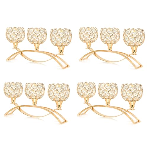 Crystal Tealight Candle Holder Centerpiece Home Decorative Candlestick Holder Elegant Table Centerpiece Home Decor Wedding Party Anniversary (Gold, 3 Arm of 4 Pcs) - color: Gold, size: 4 Pieces