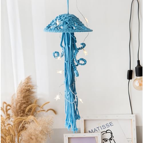 Macrame Wall Hanging,Jellyfish Dream Catcher with Star Lights,Bohemian Woven Wall Art Decor Beautiful Apartment Dorm Room Door Decoration (Blue) - color: Blue