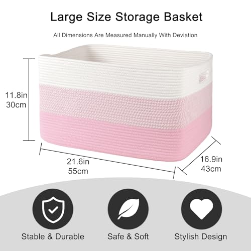 OIAHOMY Blanket Basket Laundry Basket Dog Toy Basket 75L Pink/White - color: Pink/White, size: 22”x17”x12”