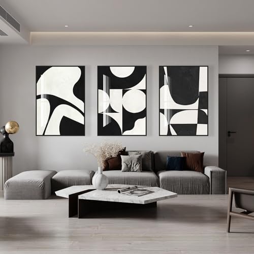 QKF Black White Crystal Textured Abstract Framed Canvas Wall Art Set - color: Black white black, size: 16" X 24" X 3 pieces