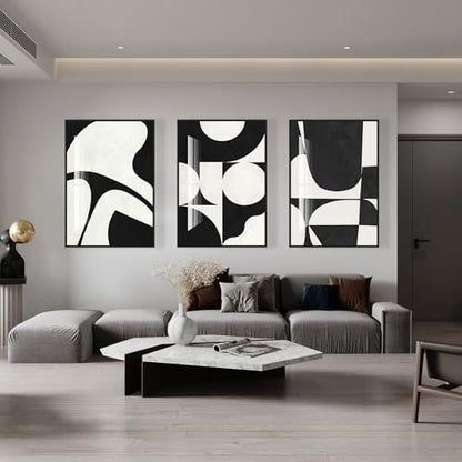 QKF Black White Crystal Textured Abstract Framed Canvas Wall Art Set - color: Black white black, size: 16" X 24" X 3 pieces