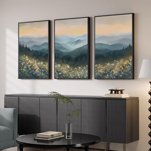 Large Framed Mountain Wildflower Landscape Wall Art for Living Room, 24x36 - color: Blue Orange, size: 24" W x 36" H x 3Pcs