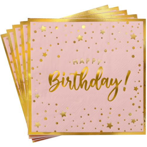 Vuzvuv 52 Pack Happy Birthday Cocktail Napkins with Confetti Gold Stamping - Birthday Party Dinner Hand Napkin for Party Supplies Decorations Table Decor for women man(5" Folded 3 Ply-Pink) - color: Confetti HBD Pink