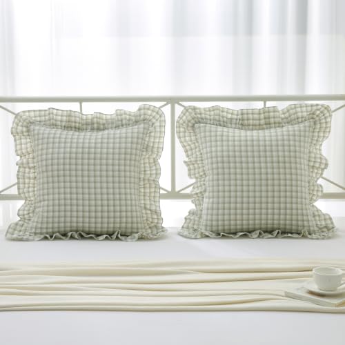 Mywinlle Gingham Ruffle Throw Pillow Shams, Muted Sage Green, 18"x18" - color: Muted Sage Green Gingham, size: 18" x 18" (Pack of 2)