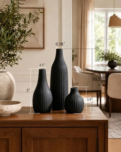 Minimal Line Black Ceramic Vase Set of 3, Matte Decorative Flower Vases - color: Black