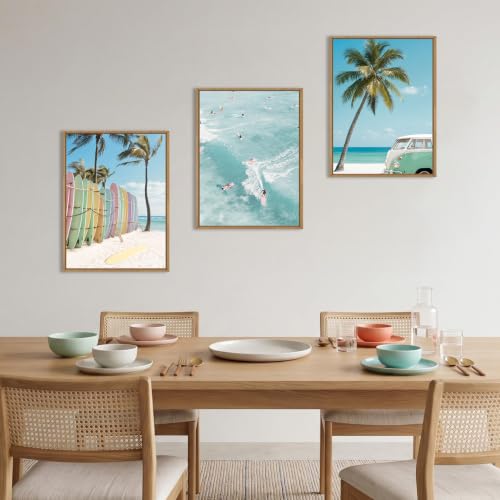 KAIRNE Blue Ocean Surfboard Seascape Framed Canvas Wall Art Set-12"x16"x3 - color: Summer Surfing Wall Art, size: 12"L x 16"W