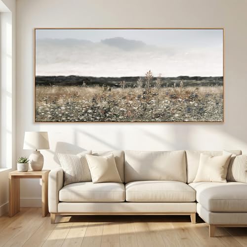 Tucai Decor Country Meadow Landscape Canvas Art Wildflowers and Field Farmhouse Wall Decor Framed Rustic Floral Print Ready to Hang 24x48 Inch Painting for Living Room Kitchen
