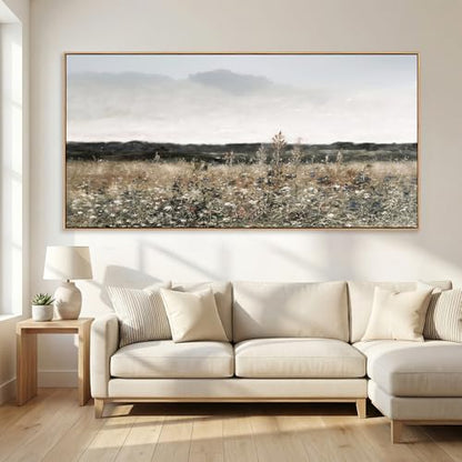 Tucai Decor Country Meadow Landscape Canvas Art Wildflowers and Field Farmhouse Wall Decor Framed Rustic Floral Print Ready to Hang 24x48 Inch Painting for Living Room Kitchen