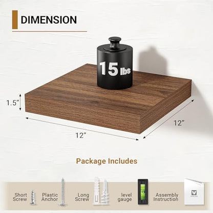 Vivelove Deep Floating Shelves,12 X 12 Inch，Walnut, Set of 2 - color: Walnut, size: 12”wx12”dx1.5”h