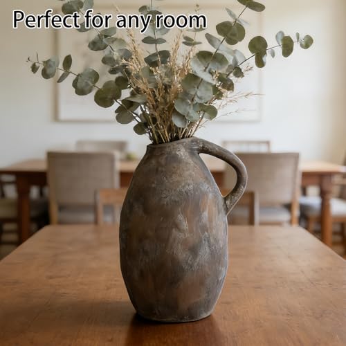 Rustic Ceramic Vase with Handle, 10.3 Inch, Handmade Decor, Brown - color: Brown
