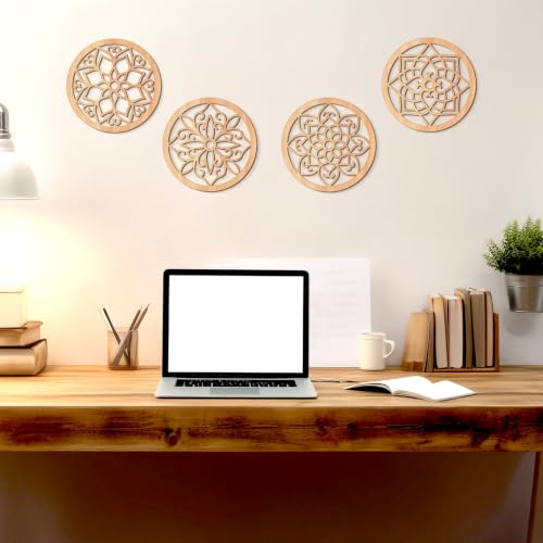 KOYILTD 4 Pcs Thicken Wooden Wall Art Rustic Farmhouse Flower Wall Art - color: Round, size: 8.2in