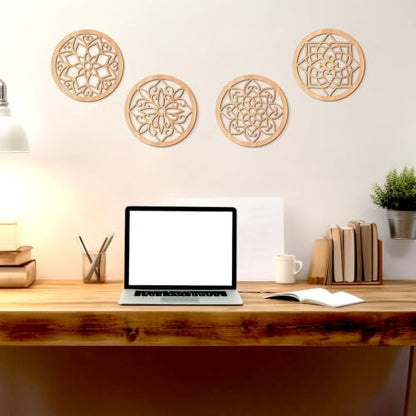 KOYILTD 4 Pcs Thicken Wooden Wall Art Rustic Farmhouse Flower Wall Art - color: Round, size: 8.2in