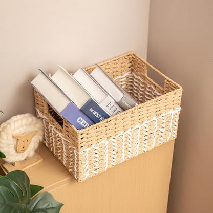 Paper Rope Woven Storage Basket With Side Handles