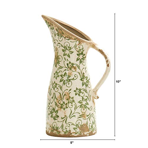 Nearly Natural 10 in Tuscan Ceramic Green Scroll Pitcher Vase