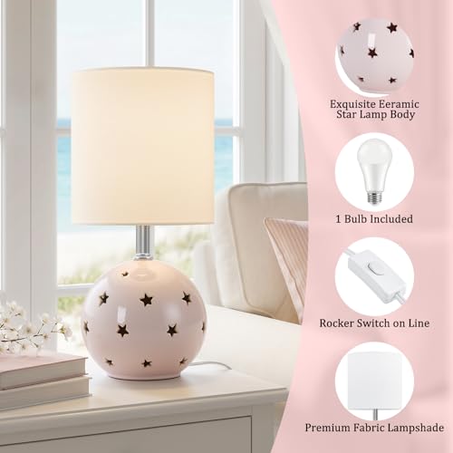 Small Table Lamp, 14" Pink Ceramic Bedside Lamp for Girls Kids Bedroom,Dorm - color: Pink