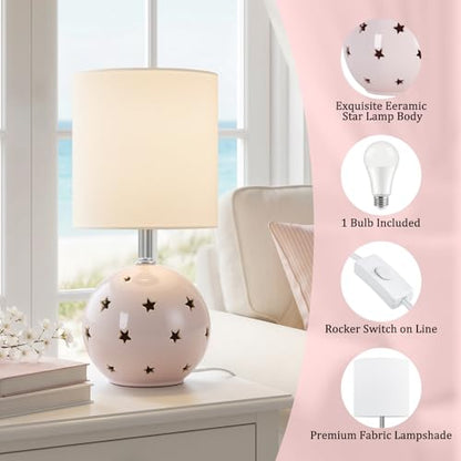 Small Table Lamp, 14" Pink Ceramic Bedside Lamp for Girls Kids Bedroom,Dorm - color: Pink