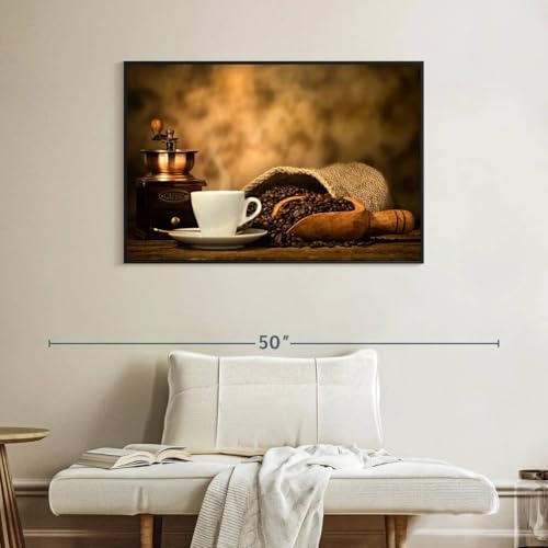 ElephantStock Rustic Coffee Wall Art - Horizontal Framed Canvas - 1-Piece Living Room Wall Decor - Photography Photographic Canvas Print - White and Brown Decor for Wall - 40" X 27" - color: Rustic Coffee Wall Art Canvas Floating Frame Single Piece, size: