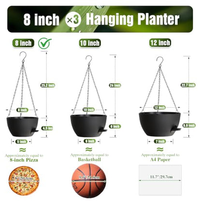 8 Inch Self Watering Hanging Planters Set of 3 with Saucers - color: Black, size: 8 Inch 3 Pack