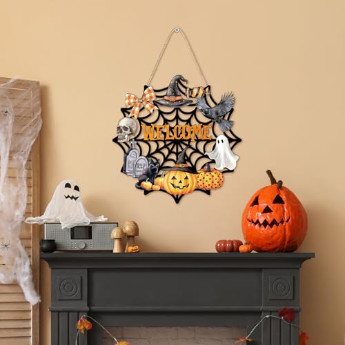 Halloween Front Door Decor, Wooden Hanging Wreath for Party & Holiday Gift