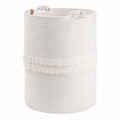 CherryNow 70L Woven Rope Laundry Basket with Tassel, 16" x 22", White - color: Off-white, size: 69L (16"W x 22"H)