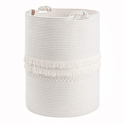 CherryNow 70L Woven Rope Laundry Basket with Tassel, 16" x 22", White - color: Off-white, size: 69L (16"W x 22"H)