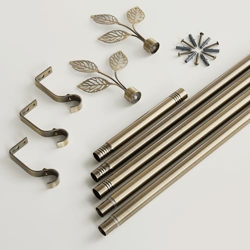 RYB HOME Antique Brass Curtain Rod 1 Inch Adjustable Heavy Duty Leaf Finial - color: Antique Brass, size: 48-86"