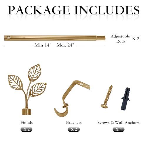RYB HOME Small Gold Curtain Rod, 1 Inch Heavy Duty Adjustable Leaf Finials - color: Gold, size: 28-48"