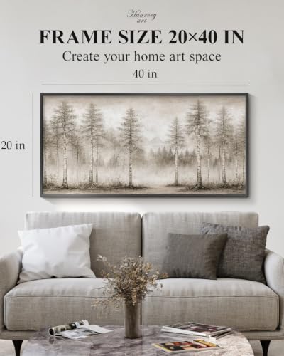 HUARCEY Metal Framed Textured Sandstone Wall Art 20"x40", Neutral Abstract Foggy Forest Landscape Canvas Print Large Modern Nature Birch Tree Painting Artwork for Living Room Bedroom Office - color: Sketched tree