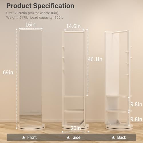 WoodsWhisper Full Length Mirror Coat Rack Solid Wood Floor Mirror 66"x12" Full Length Mirror with Stand Long Mirrors for Bedroom,Living Room (White, 70" L x 16" W) - color: White, size: 70"L x 16"W