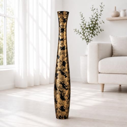 Leewadee Large Black Gold Home Decor Floor Vase – Wooden 34 inches Tall Farmhouse Decor Flower Holder for Fake Plant and Pampas Grass - color: Gold, Black, size: 34 inches