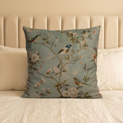 Vintage Chinoiserie Velvet Pillow Cover 18x18, Bird Floral, 1 Pack