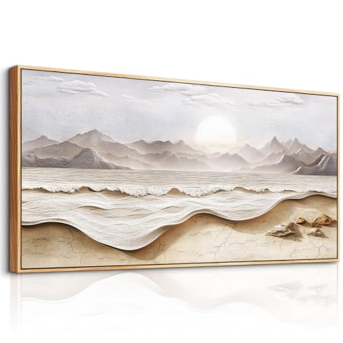 Wall Art Living Room Canvas Wall Decor for Bedroom Modern Office Restaurant Decor Abstract White Landscape Painting of Mountains and Seas Wall Printed Paint Home Decor Wood Framed 20x40 in - color: Yellow and White Sea Wave Mountain Landscape Painting, si