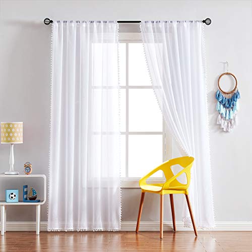 Snow White Sheer Curtains 95" Bedroom Pompom Voile Window Drape Living Room - color: Snow White, size: 52"W x 95"L (Pack of 2)