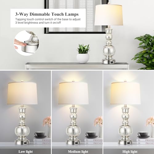 Hamucd 3-Way Dimmable Touch Control Clear Grey Glass Table Lamps Set of 2 with USB A+C for Modern Comtemporary Bedroom Nightstand Living Room Decor(Bulbs Included) (Mercury Silver) - color: Mercury Silver