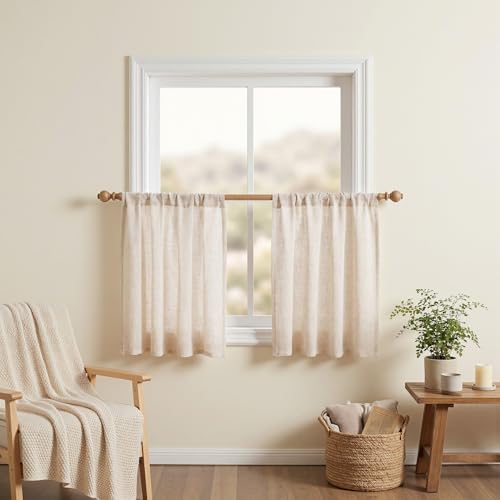 MYSKY HOME Linen Curtains 30 Inch Length for Kitchen Window, Semi Sheer Light Filtering Cafe Curtain Tiers Rod Pocket Short Country Decor Drapes for Basement/Small Window, Linen, 2 Panels, 34 x 30 in - color: Linen, size: 34"W x 30"L (Pack of 2)