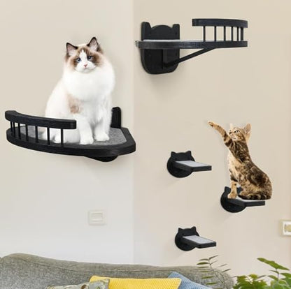 Cat Wall Shelves Furniture Set with Scratching Pad，Wooden Cat Climbing Wall Systems with 2 Perches and 3 Steps, Floating Shelves Bed Wall Mounted for Indoor Fit Up to 15Lbs (Black) - color: Black