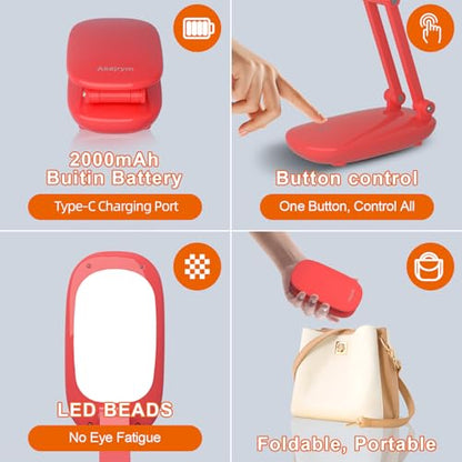 Akejrym LED Desk Lamp for Office Home & Battery Operated Lamp Rechargeable Lamp Foldable & Portable Light, [2-Fold Bracket] 3 Brightness Dimmable Small Desk Lamp Wireless Reading Lamp (Bright Pink) - color: Bright pink