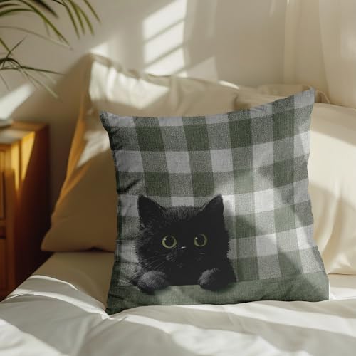 Black Kitten Pillow Cover 18x18 Inches, Sage Plaid Farmhouse Decor - color: Round Black Kitten