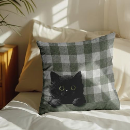 Black Kitten Pillow Cover 18x18 Inches, Sage Plaid Farmhouse Decor - color: Round Black Kitten