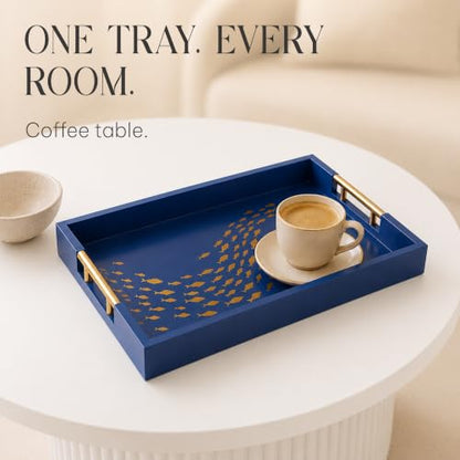 Serving Tray with Gold Fish Design, Navy by Death Decor - style: Navy Blue