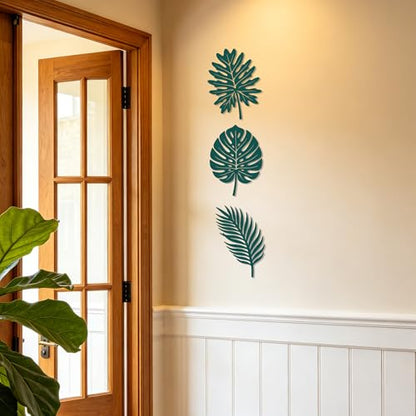 Rajukit Set of 3 Green Tropical Leaf Metal Wall Art – Monstera Leaf Decor, Boho & Leaves Wall Decor for Living Room & Bathroom(7.9" × 10.2",7.7" × 10.2",7.1" × 10.2")