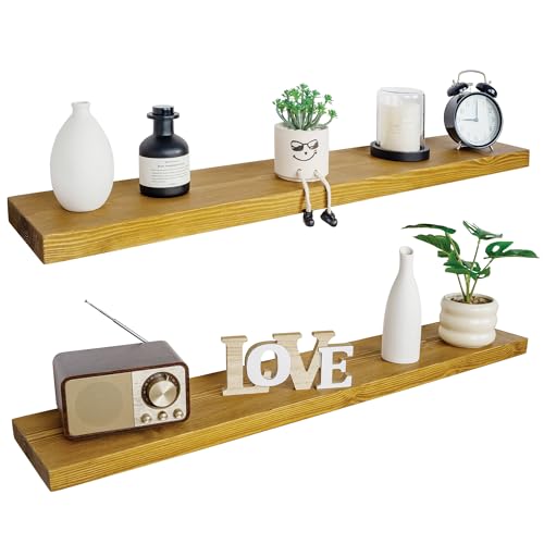 BGMG Floating Shelves 48 Inch Long, Wide Rustic Wooden Wall Shelves for Bathroom Living Room Bedroom Kitchen Farmhouse Set of 2-48x6.7x1.25 Inch - Gold Oak - color: Gold Oak, size: 48 inch