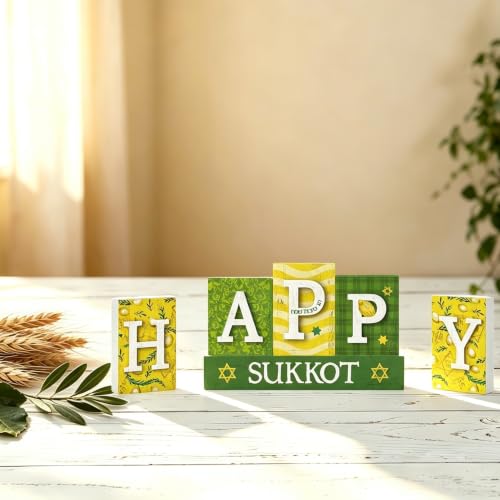 Smile Sukkot Wooden Standing Decor, Happy Sukkot Letter Blocks with Etrog and Star of David Tiered Tray Tabletop Signs for Jewish Holiday Decor - style: Letter Sukkot
